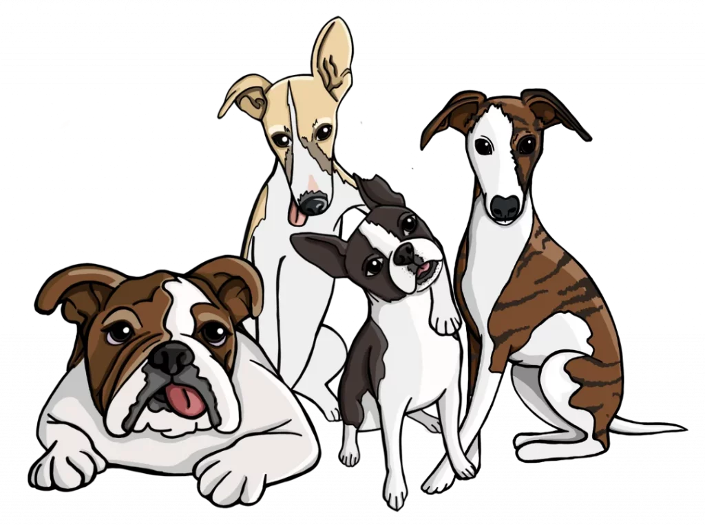 Illustration of the doggies - Ernie, Peter, Dobby & Devo.